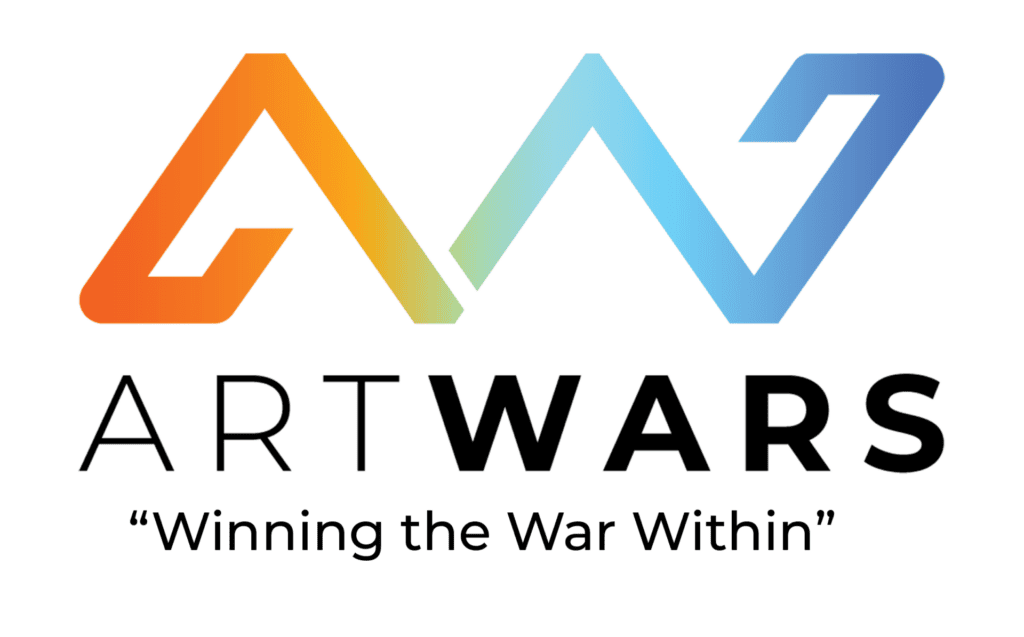 Logo with orange and blue stylized "AW," the text "ARTWARS," and the tagline "Winning the War Within" below in quotation marks, representing Art Wars’ commitment to supporting fundraiser initiatives and promoting arts for students.