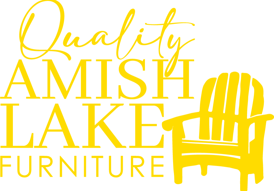 Yellow logo with the words “Quality Amish Lake Furniture” in stylized fonts, showcasing the outline of an Adirondack chair on the right side, perfectly reflecting the craftsmanship behind Quality Amish Lake Furniture.
