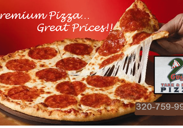A hand pulls a cheesy slice from a pepperoni pizza. Text reads "Premium Pizza... Great Prices!!" with the 2 Guyz Take & Bake Pizza logo and phone number 320-759-9994 in the bottom right corner.