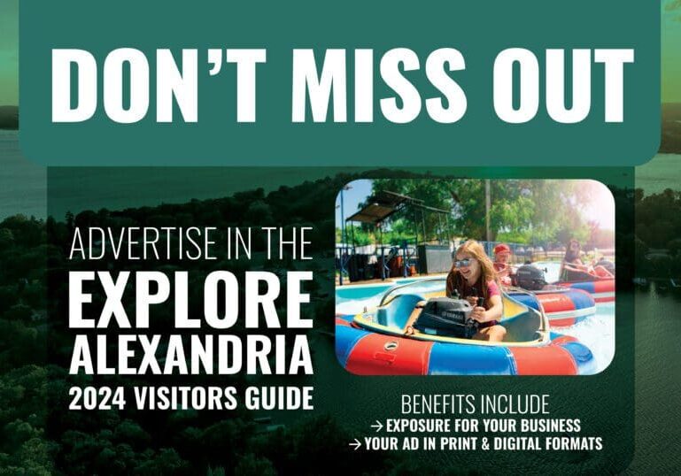 Promotional graphic with "DON'T MISS OUT" at the top, urging you to claim your spot in the 2024 Visitor's Guide. Features a bumper boats photo, a scenic lake background, and highlights advertising benefits.