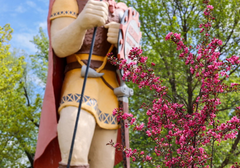 A large Viking icon stands behind blooming pink flowers and green trees under a blue sky. Text in the lower right reads, "Explore more Alexandria Minnesota—preserving local landmarks and history.