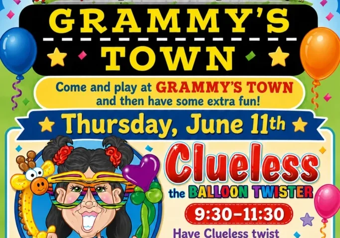Colorful poster for “Grammy’s Town” event on June 11th, featuring Clueless the Clown the Balloon Twister, fun activities from 9:30–11:30, and a stuffed animal area with balloons, toys, and all event details.