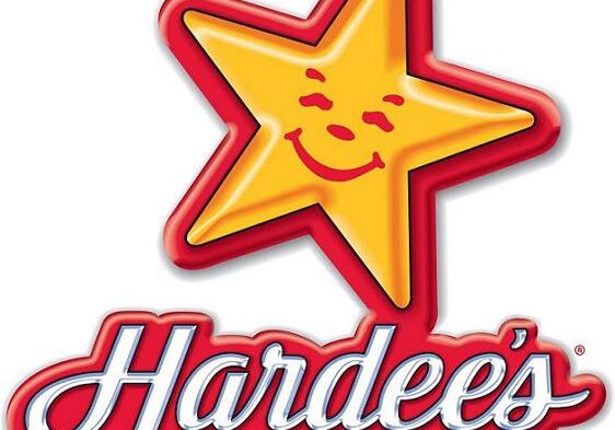 The Hardee’s logo displays a smiling yellow star with red outline above the Hardee’s name in bold script, with “Charbroiled Thickburgers” in yellow below.