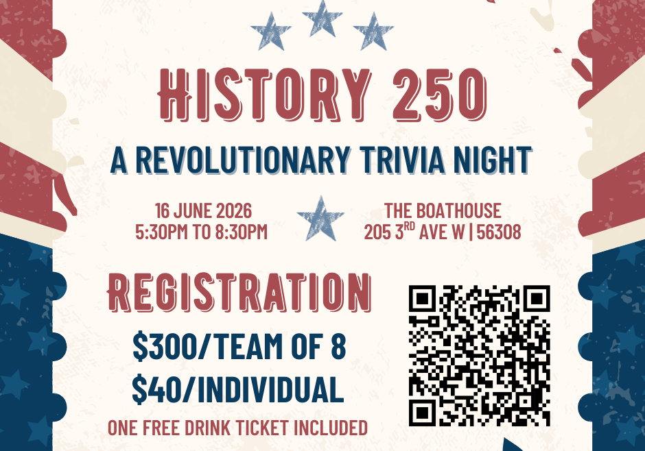 Patriotic-themed flyer for "History 250: A Revolutionary Trivia Night" on June 16, 2026, 5:30–8:30 PM at The Boathouse, with team and individual registration prices and a QR code for registration.