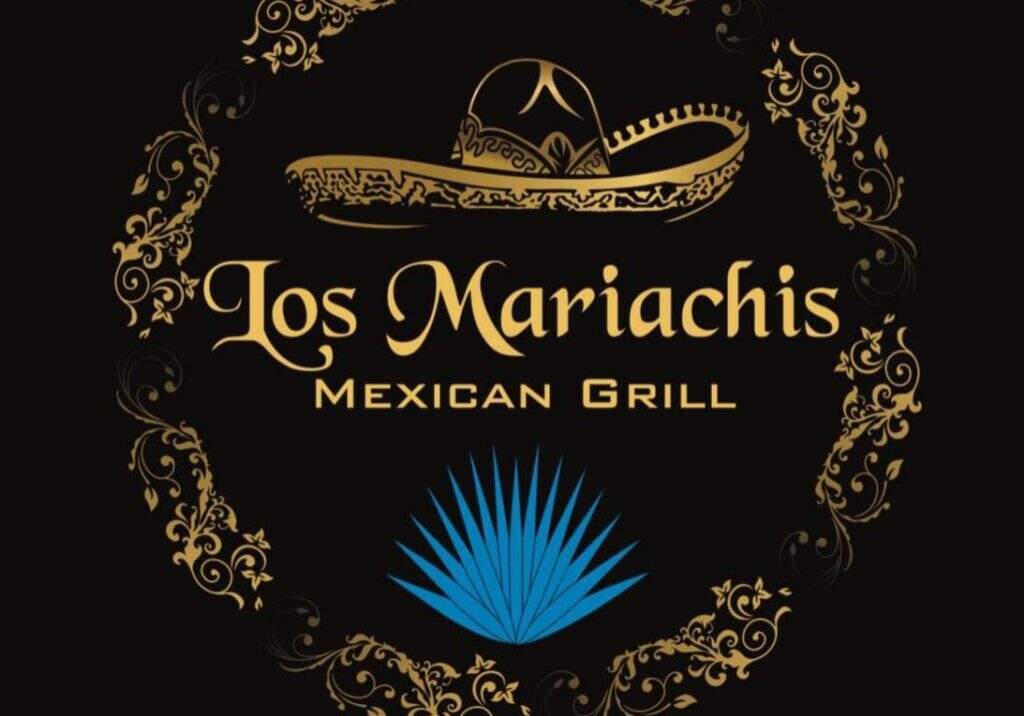 Logo for Los Mariachis Mexican Grill, featuring a gold ornate circular border, a decorated sombrero at the top, the Los Mariachis Mexican Grill name in gold text, and a blue agave plant at the bottom on a black background.