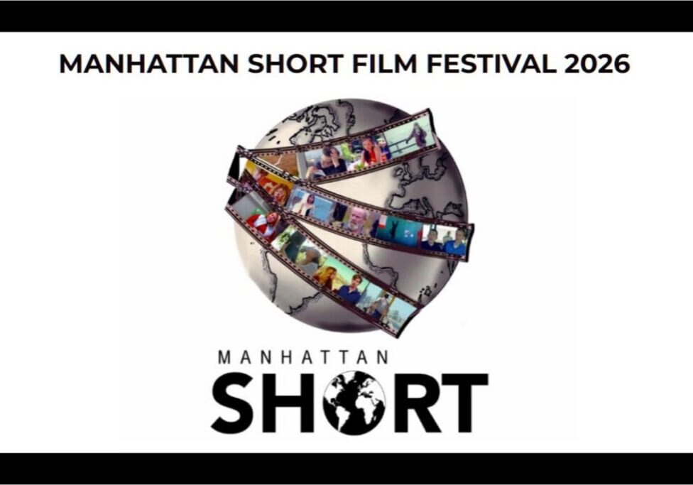 A film reel with scenes wraps around a globe, capturing the global spirit of the Manhattan Short Film Festival. Text above reads “MANHATTAN SHORT FILM FESTIVAL 2026” and below, “MANHATTAN SHORT” with a globe inside the “O” in “SHORT,” highlighting this celebrated short film festival.