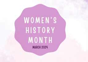 A pastel watercolor background with a purple badge in the center that reads "Women's History Month March 2024" highlights the Women's History Month celebration. The lower left corner has a faint "Explore Alexandria" logo.