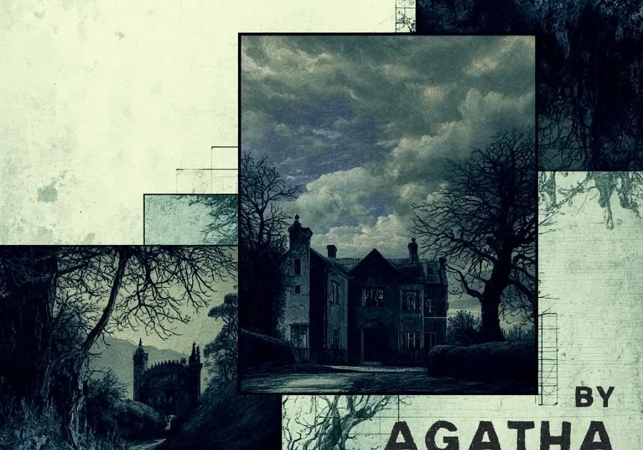 Book cover for Agatha Christie's play “The Mousetrap,” featuring a dark, ominous house surrounded by bare trees under a cloudy sky, with a shadowy path and an unmistakable gothic atmosphere.