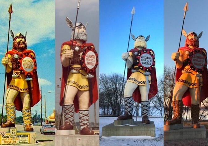 Four side-by-side photos show a large Viking statue—celebrating Big Ole through the years—in various settings, holding a spear and shield, wearing a horned helmet, red cape, and yellow tunic against urban or snowy, tree-filled backgrounds.