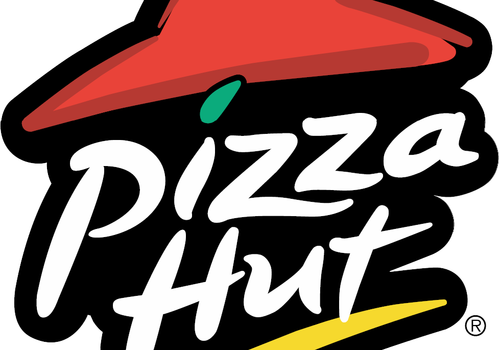 The Pizza Hut logo features a red hat-like roof shape above the white, stylized words "Pizza Hut" on a black background, with a yellow curved line underneath.
