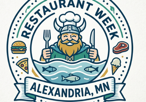 Logo for Alexandria Restaurant Week in Alexandria, MN, featuring a Viking chef holding a fork and knife, surrounded by food icons like a burger, steak, pizza, ice cream, and fish—perfectly capturing the delicious variety offered by Alexandria restaurants during Restaurant Week.