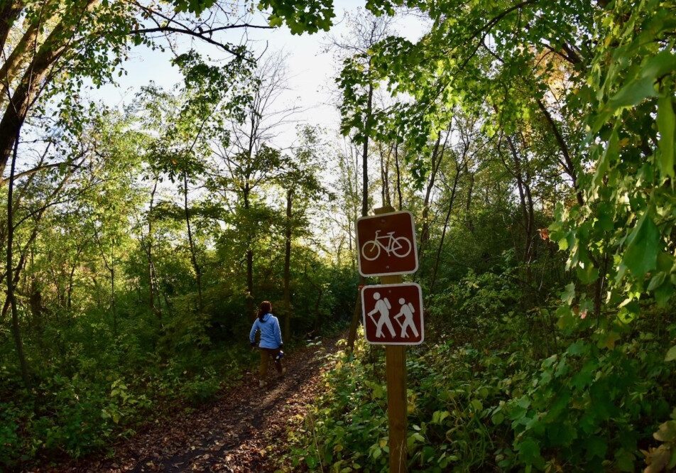 A person walks on a dirt trail through a green, wooded area in Kensington Rune Stone Park beside a sign showing symbols for bicycling and hiking. Sunlight filters through the trees, creating a peaceful forest atmosphere.