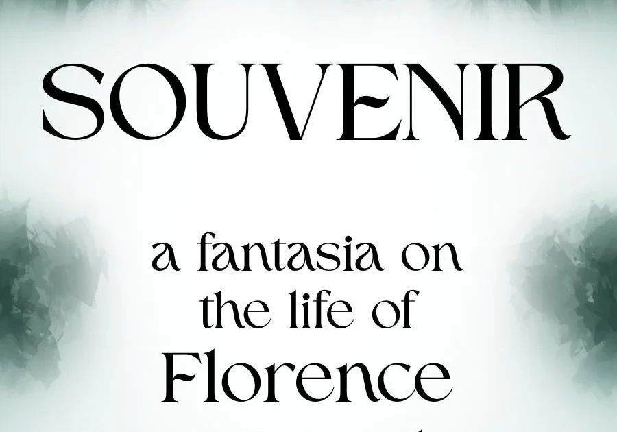 Text on a misty background reads: "SOUVENIR, a fantasia on the life of Florence Foster Jenkins" in stylized black font. The upper corners have soft greenish-gray shading and faint curtain-like patterns.