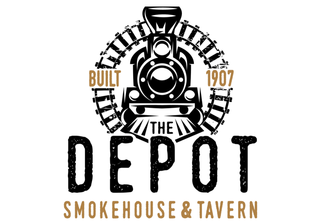 A black and gold logo for Depot Smokehouse & Tavern, featuring an outline of a house, the text "Built 1907" above, and "Smokehouse & Tavern" below.