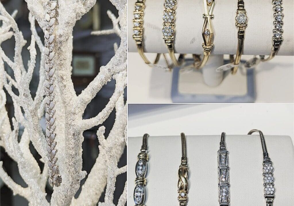 A sparkly diamond bracelet from Diekman's Jewelry hangs on a frosted white tree branch (left), while the right side shows gold and silver bracelets with diamond accents displayed on two white stands.