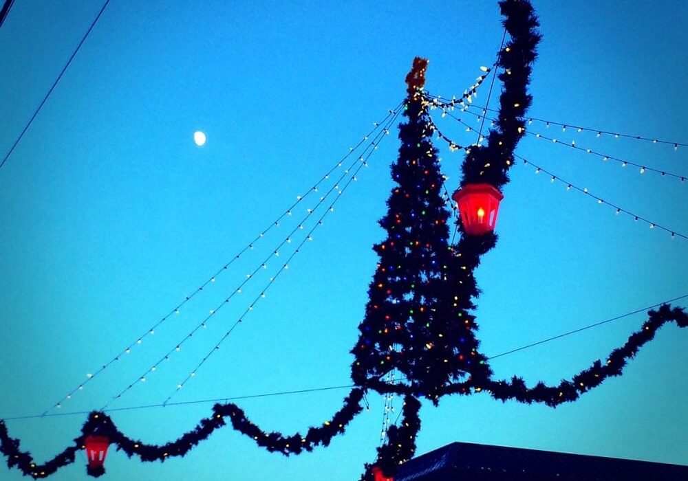A festive outdoor scene at dusk features garlands and strings of lights forming a Christmas tree shape, with red lanterns hanging and the moon visible in the clear blue sky—capturing the magic of holiday season celebrations in Alexandria.
