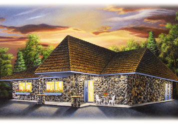 A stone cottage with a brown shingled roof, reminiscent of the Interlachen Inn, is lit warmly from within at sunset, surrounded by trees. There’s a small patio with a white table and chairs near the entrance.