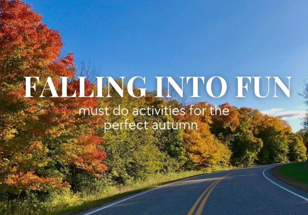 A winding road curves through vibrant fall trees with red, orange, and yellow leaves under a clear blue sky. Text reads, "Falling into Fun: must do activities for the perfect autumn.