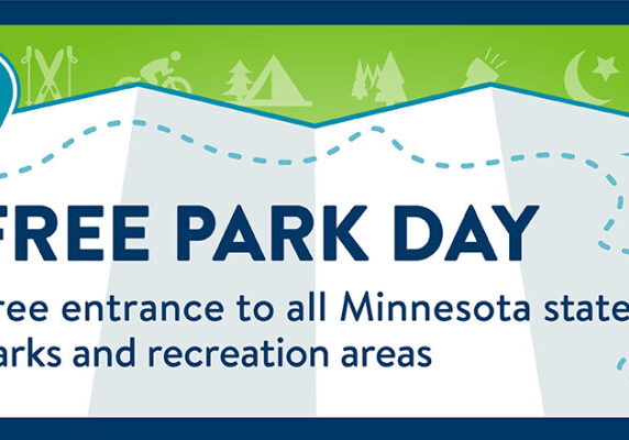 A digital banner reads "Free MN State Park Day: Free entrance to all Minnesota state parks and recreation areas. Saturday, April 25." The background features outdoor icons like trees, tents, and a campfire.