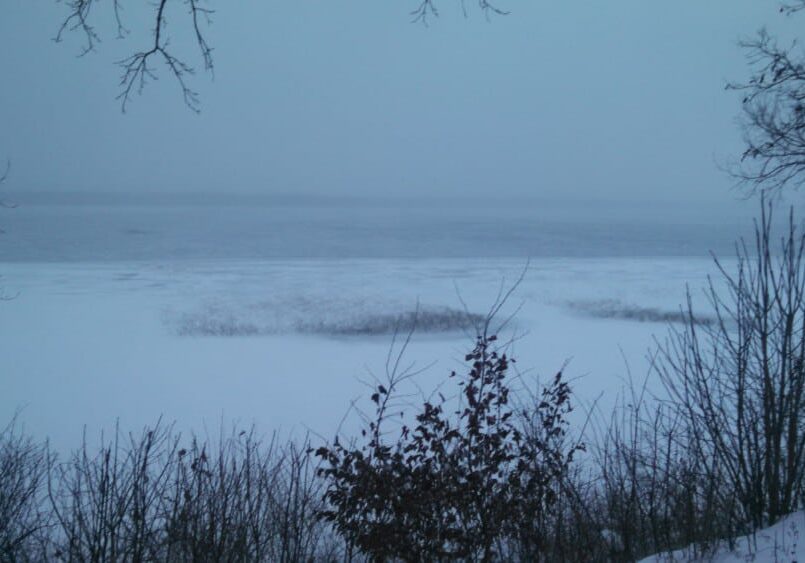 A frozen lake, ice beginning to form on area lakes, lies covered in snow under a cloudy, gray sky, with bare trees and shrubs in the foreground and branches framing the scene.