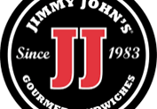 Jimmy John’s logo features a black circular seal with white text, a bold red “JJ” in the center, and “Since 1983” below. The outer ring highlights “Jimmy John’s Gourmet Sandwiches,” known for their freaky fast subs.