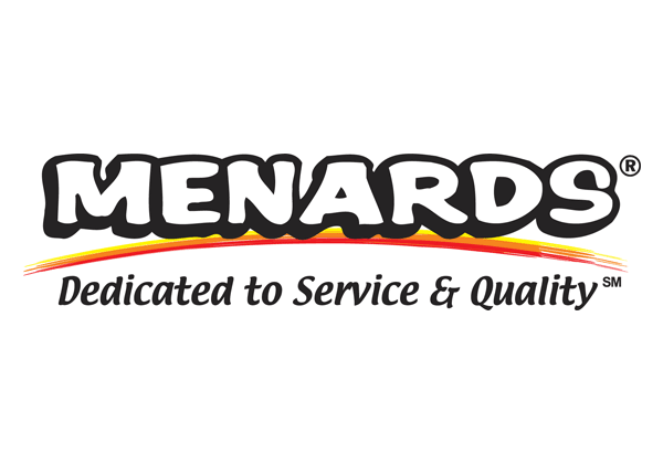 The Menards logo features the word "MENARDS" in bold, white letters outlined in black, above the tagline "Dedicated to Service & Quality," with yellow and red swooshes underneath, capturing the essence of Menards’ commitment to excellence.