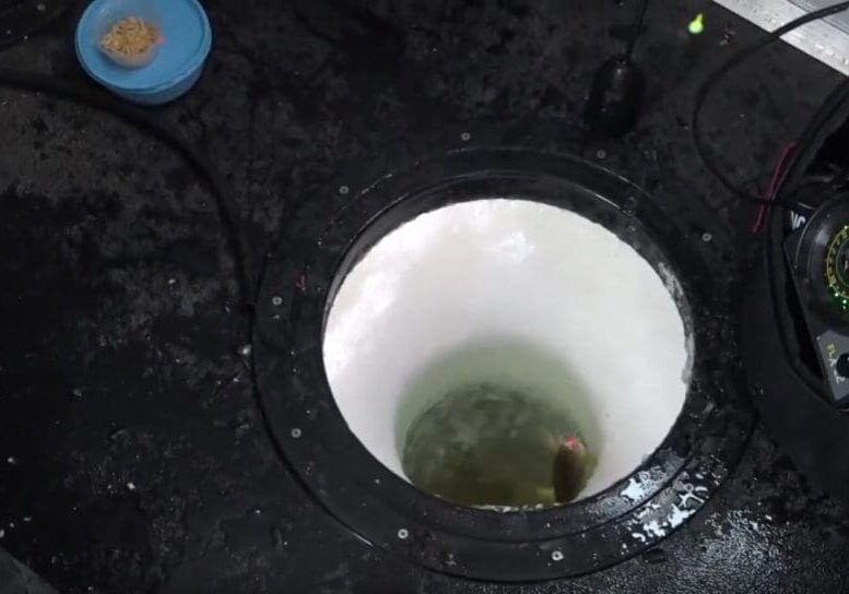 A circular ice fishing hole is cut into a frozen surface, with a fish visible in the water below. Fishing gear, a sonar device, and a blue container—just like those used by Mike Frisch—are arranged nearby on the icy ground.