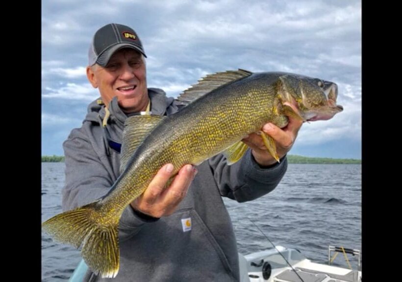 A smiling man, mike frisch, in a gray hoodie and cap holds a large yellow walleye fish with both hands while standing on a boat on a lake under a cloudy sky.