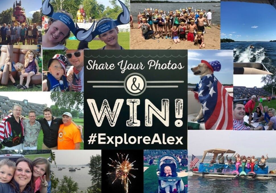 Collage of people enjoying outdoor activities and celebrations by the water, with text in the center: "Share Your 4th Photos & Win! #ExploreAlex." Includes boating, fireworks, group photos, pets, and families.