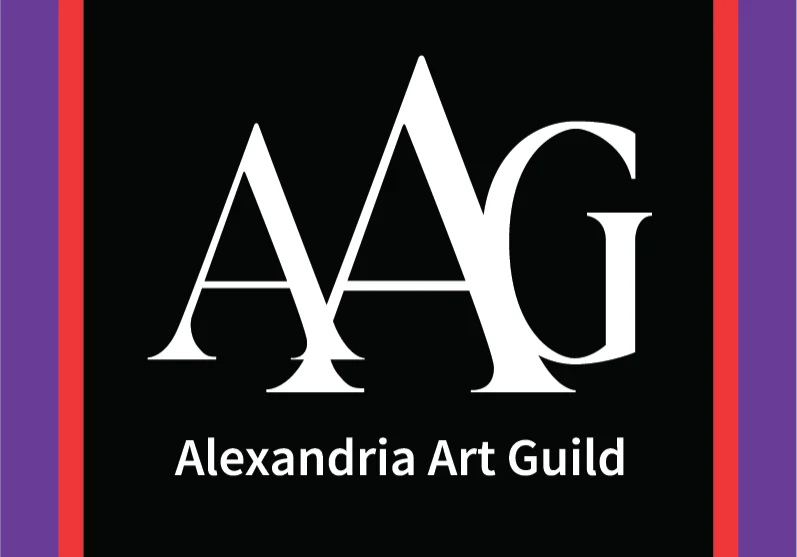 Logo for Alexandria Art Guild, a hub for visual arts, featuring large white "AAG" initials above "Alexandria Art Guild" on a black background, bordered by a red frame and a wider purple frame. Perfect for the Center for the Visual Arts.