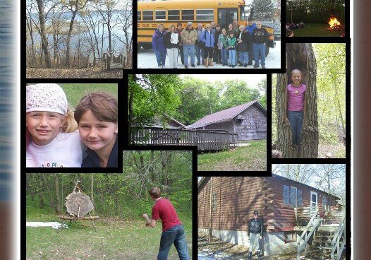 A collage of outdoor camp scenes at Smokey Timbers Campground: kids pose by a lake, with a school bus, near a bonfire, and in front of cabins; two kids smile; one climbs a tree; another throws at a target; group stands on cabin steps.