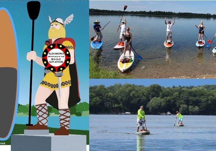 A collage with a cartoon Viking holding a paddle and shield on the left, and groups of people paddleboarding on a calm lake in the two photos on the right, celebrating Paddle the Chain of Lakes at Big Ole SUP-Athon.