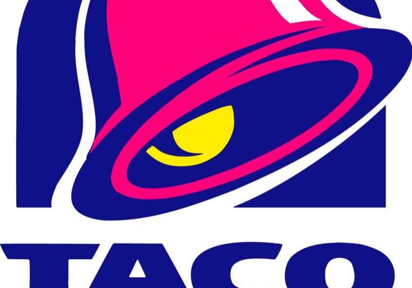 Taco Bell logo featuring a stylized pink and yellow bell inside a blue arch, with the bold blue “Taco Bell” name displayed below.
