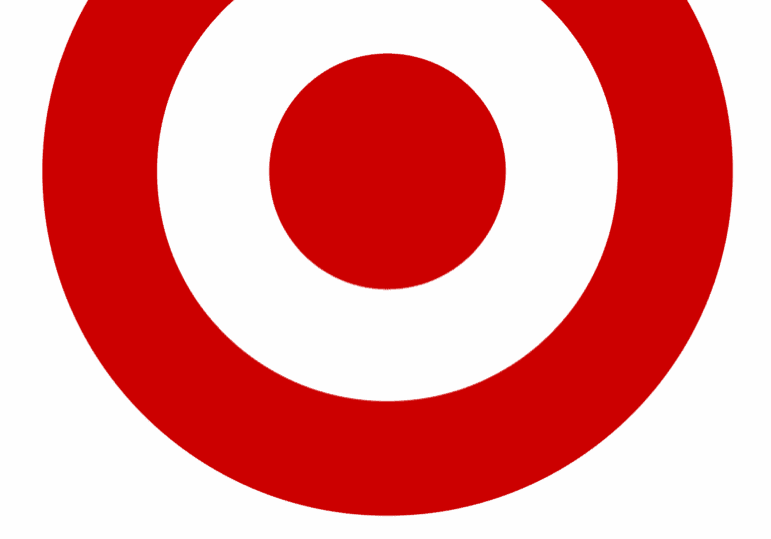 The image shows the iconic Target logo, featuring a bold red bullseye composed of two concentric circles above the word "TARGET" in red, all set against a black background.